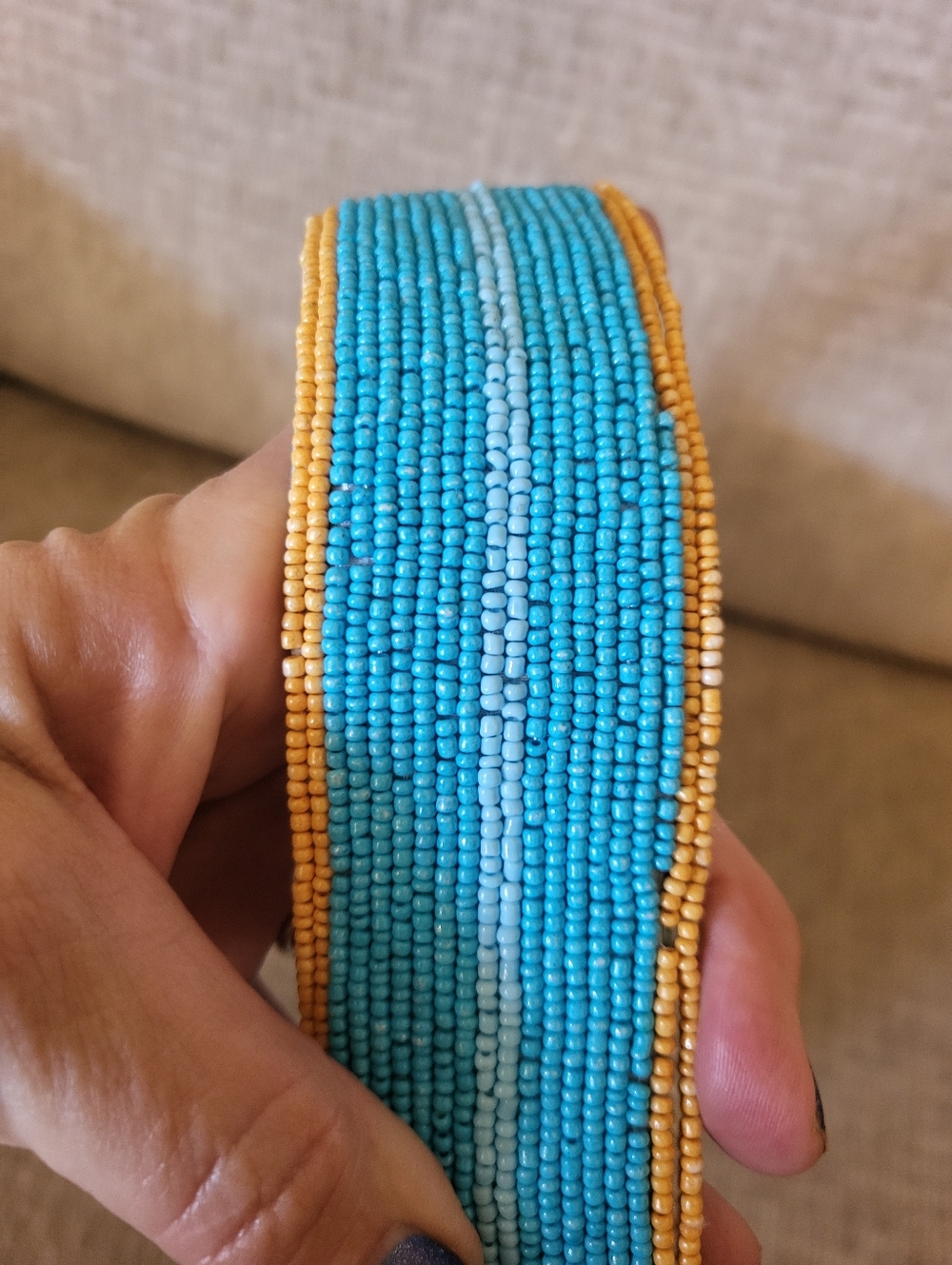 Hand-Beaded Blue & Gold Striped Lemon Motif Shoulder Bag. - Picture 10 of 16